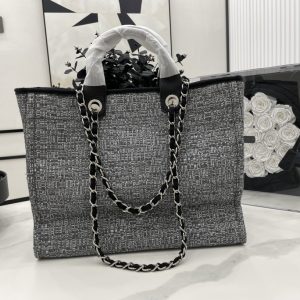 CN Deauville Tote Bag in Raffia Canvas, Black/White for Women QA