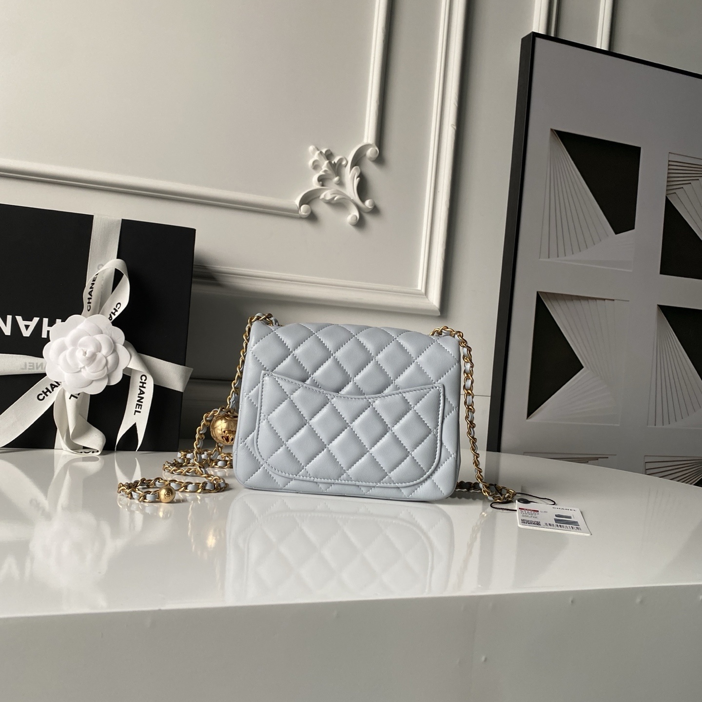 CN Classic Flap With Charm Chain With CC Details On Strap Bag Gold Hardware Grey QA