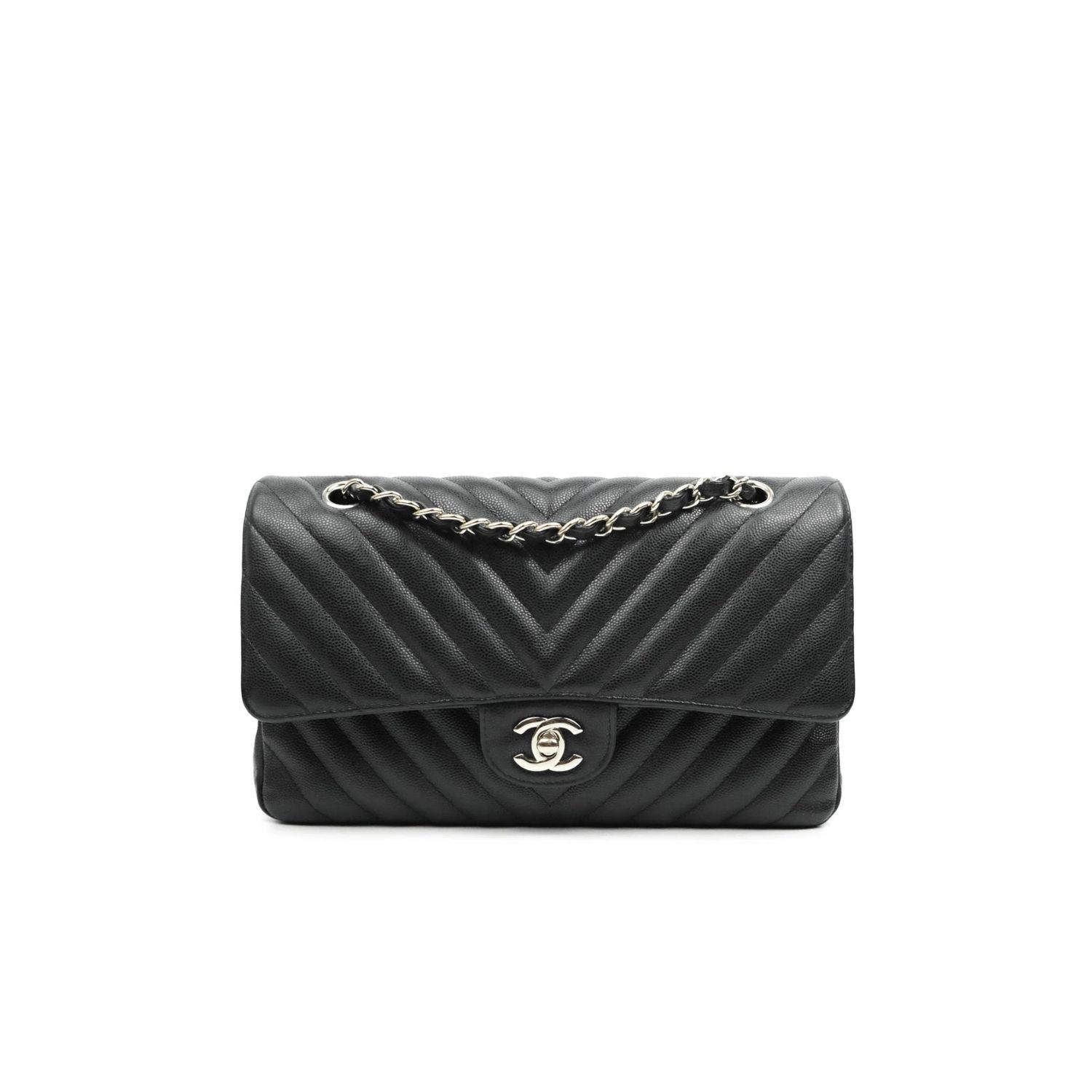 CN Chevron Classic Handbag Silver Hardware Black For Women QA