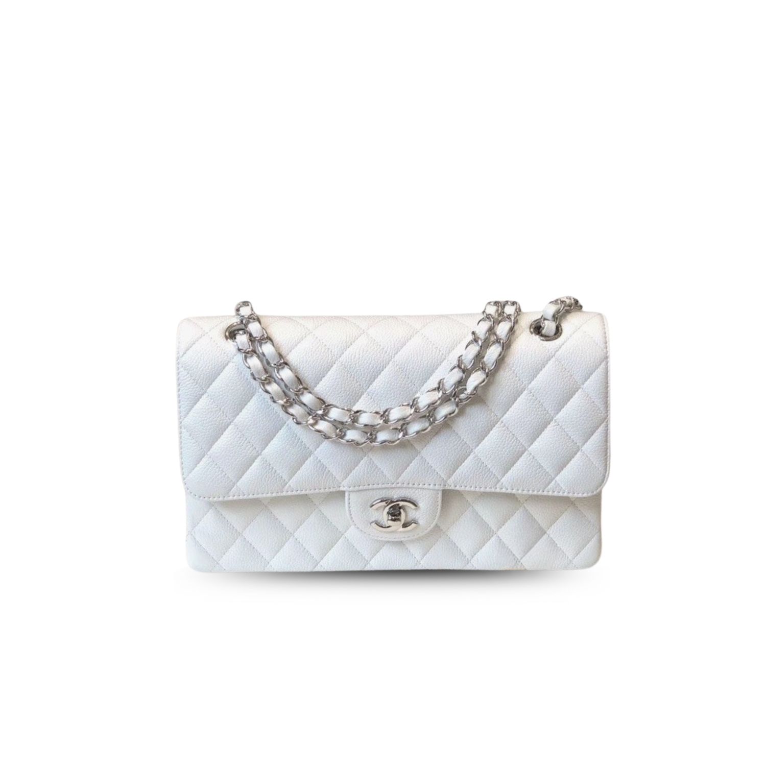 CN Classic Medium Flapbag Silver Hardware White A01112 QA