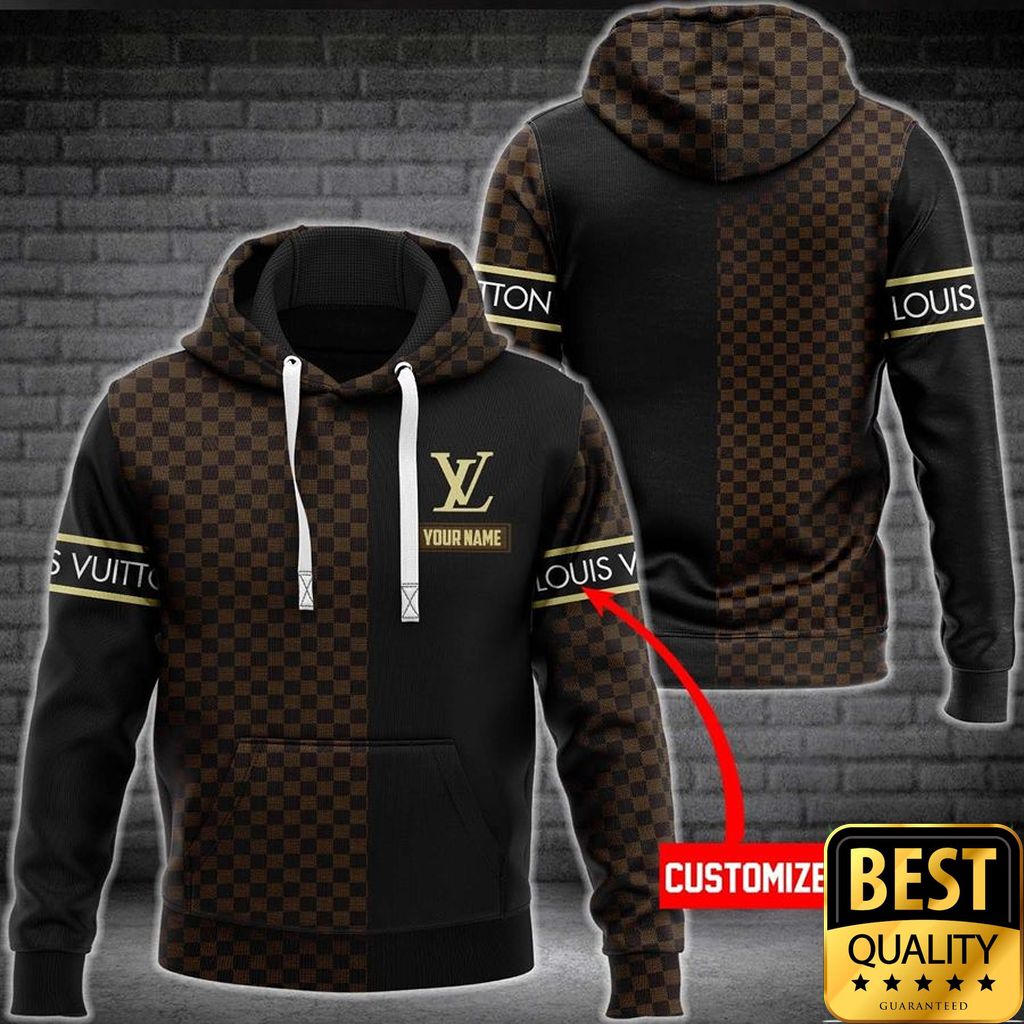 Customized Luxury Louis Vuitton Dark Brown And Black Name Strip 3D Shirt And Pants 082