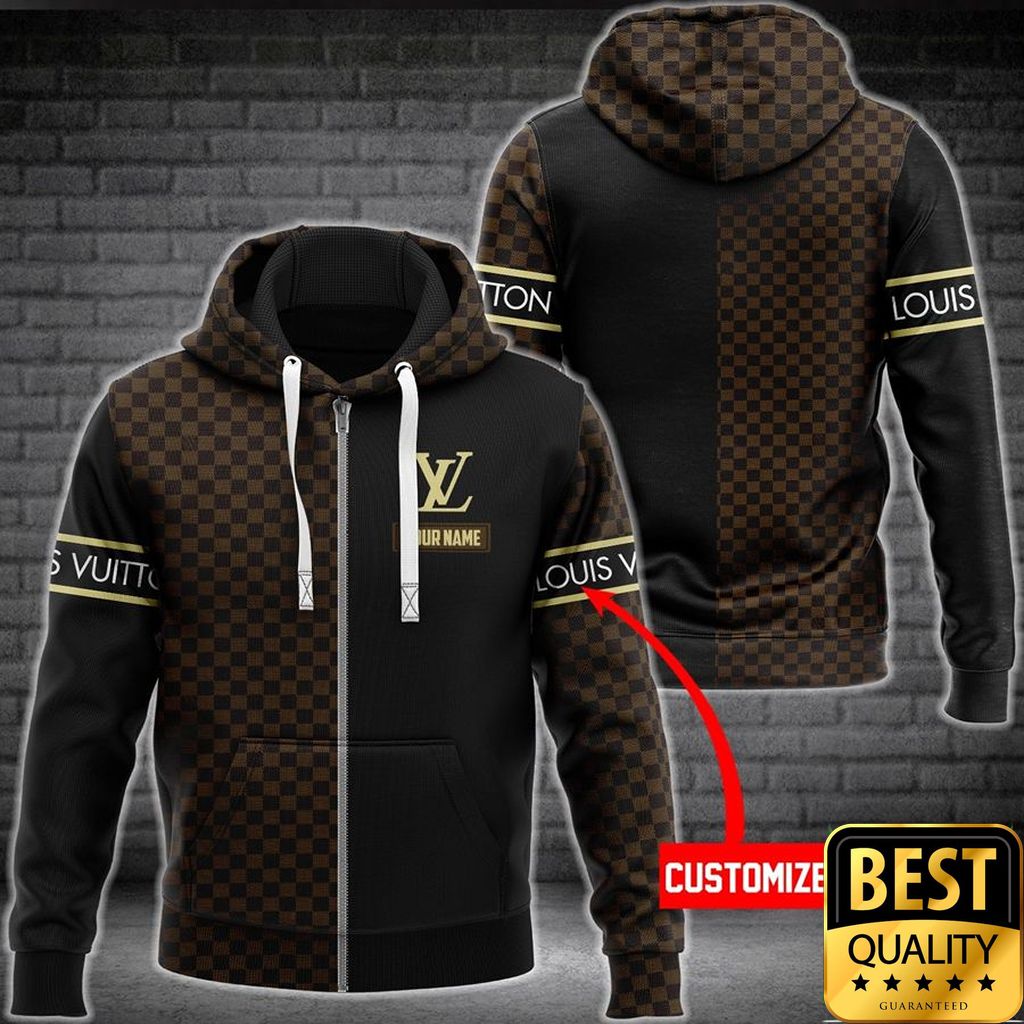 Customized Luxury Louis Vuitton Dark Brown And Black Name Strip 3D Shirt And Pants 082