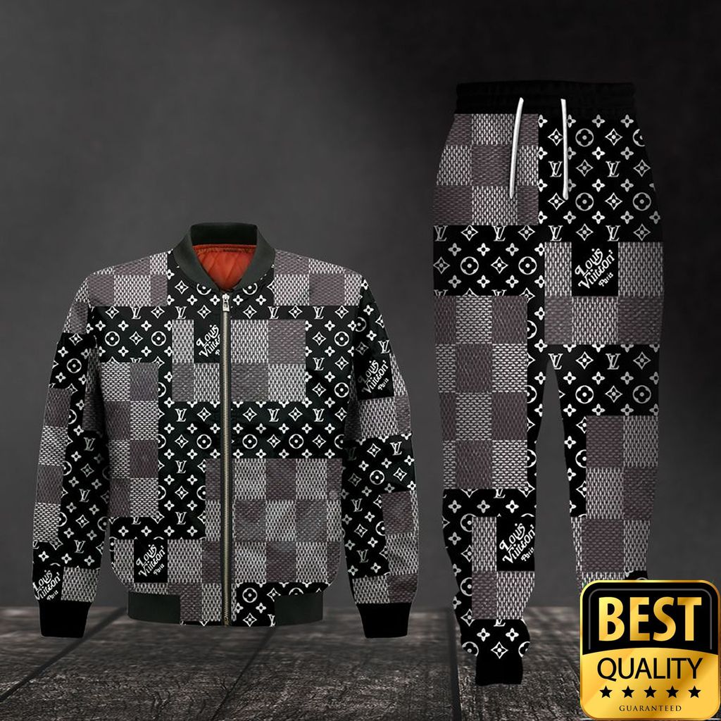 Luxury Louis Vuitton Black White Gray With Checkered Patten 3D Shirt And Pants 141