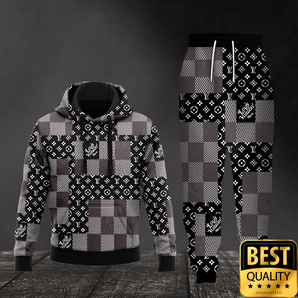 Luxury Louis Vuitton Black White Gray With Checkered Patten 3D Shirt And Pants 141