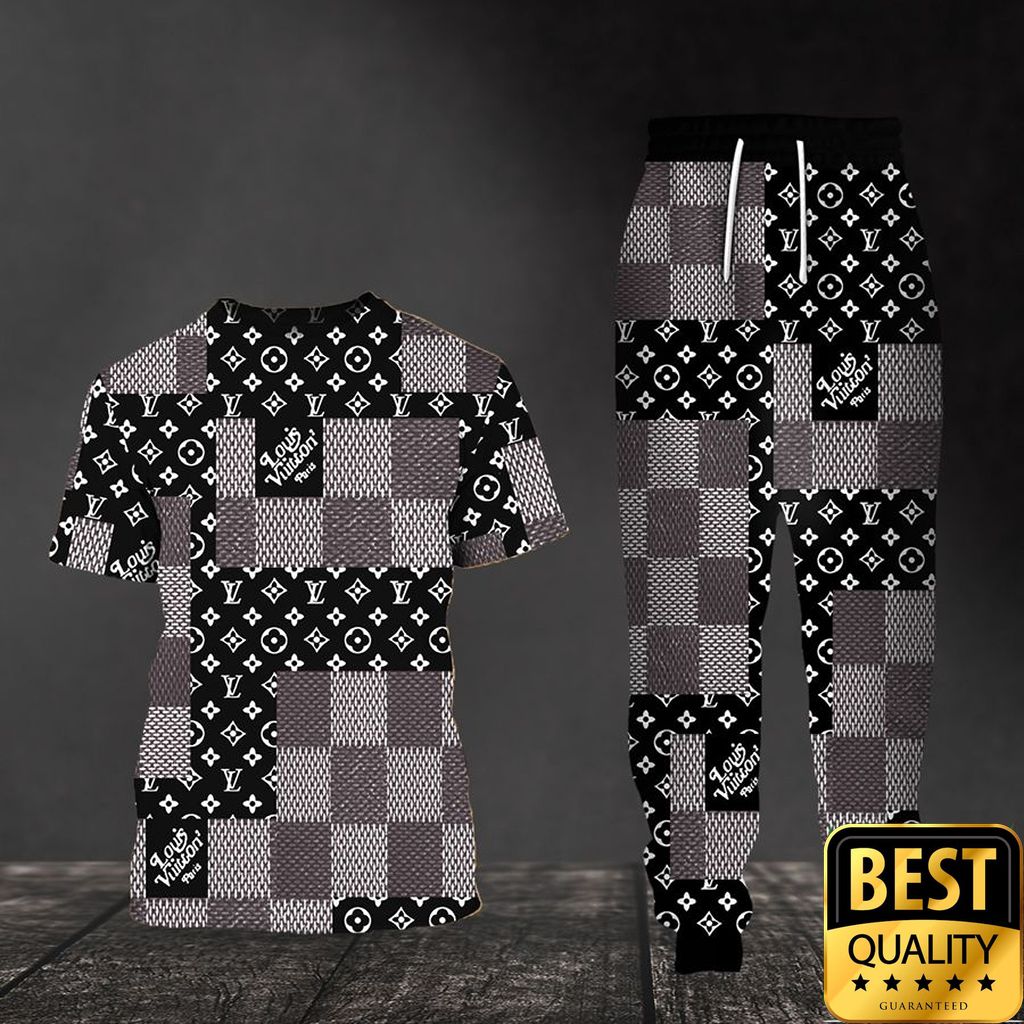 Luxury Louis Vuitton Black White Gray With Checkered Patten 3D Shirt And Pants 141