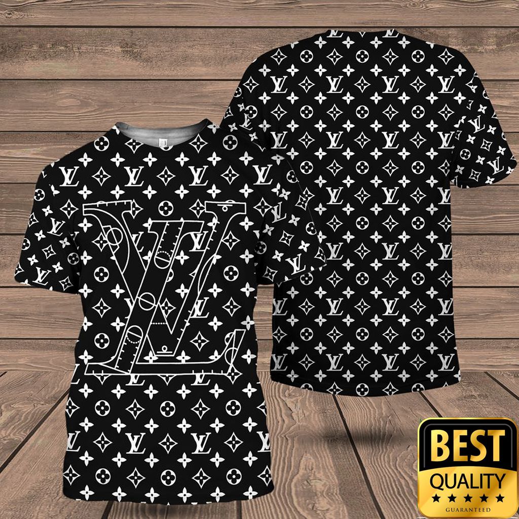 Luxury Louis Vuitton Black With Multiple Small White Logos 3D Shirt And Pants 146