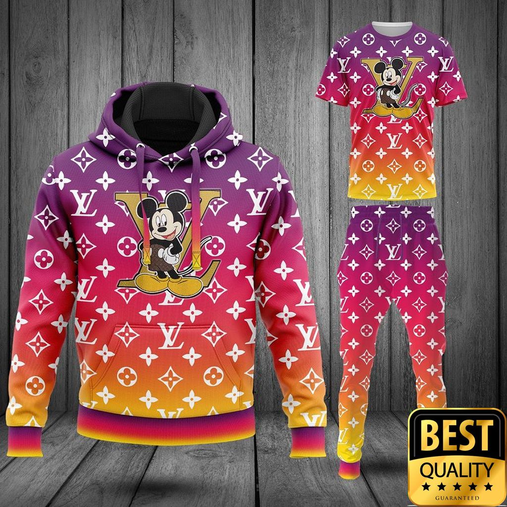 Luxury Louis Vuitton Hologram Color Monogram Pattern And Mickey 3D Shirt And Pants 166