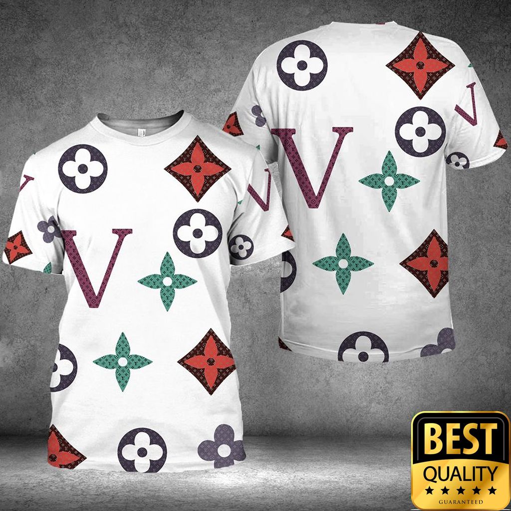 Luxury Louis Vuitton White With Colorful Patterns And Big V 3D Shirt And Pants 178