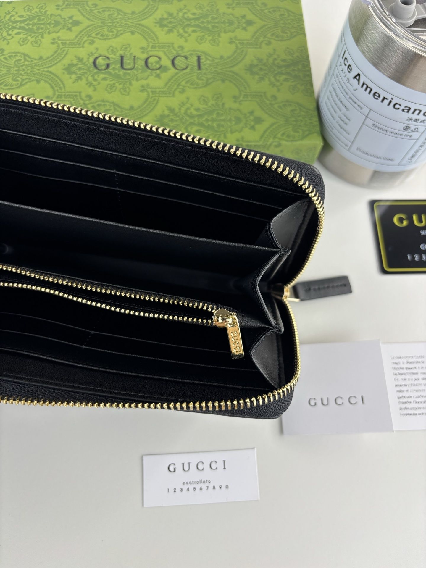 GG Signature Leather Zip Around Wallet Black with Web Stripe 28601 QA