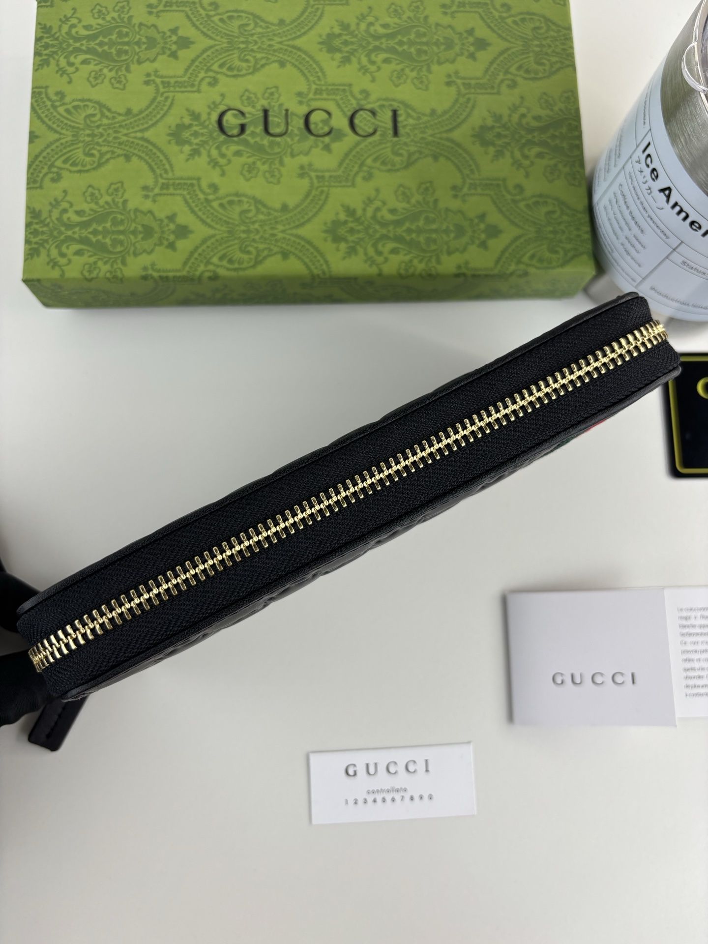 GG Signature Leather Zip Around Wallet Black with Web Stripe 28601 QA
