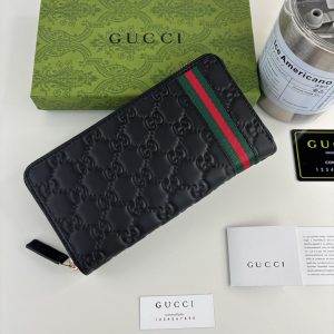 GG Signature Leather Zip Around Wallet Black with Web Stripe 28601 QA
