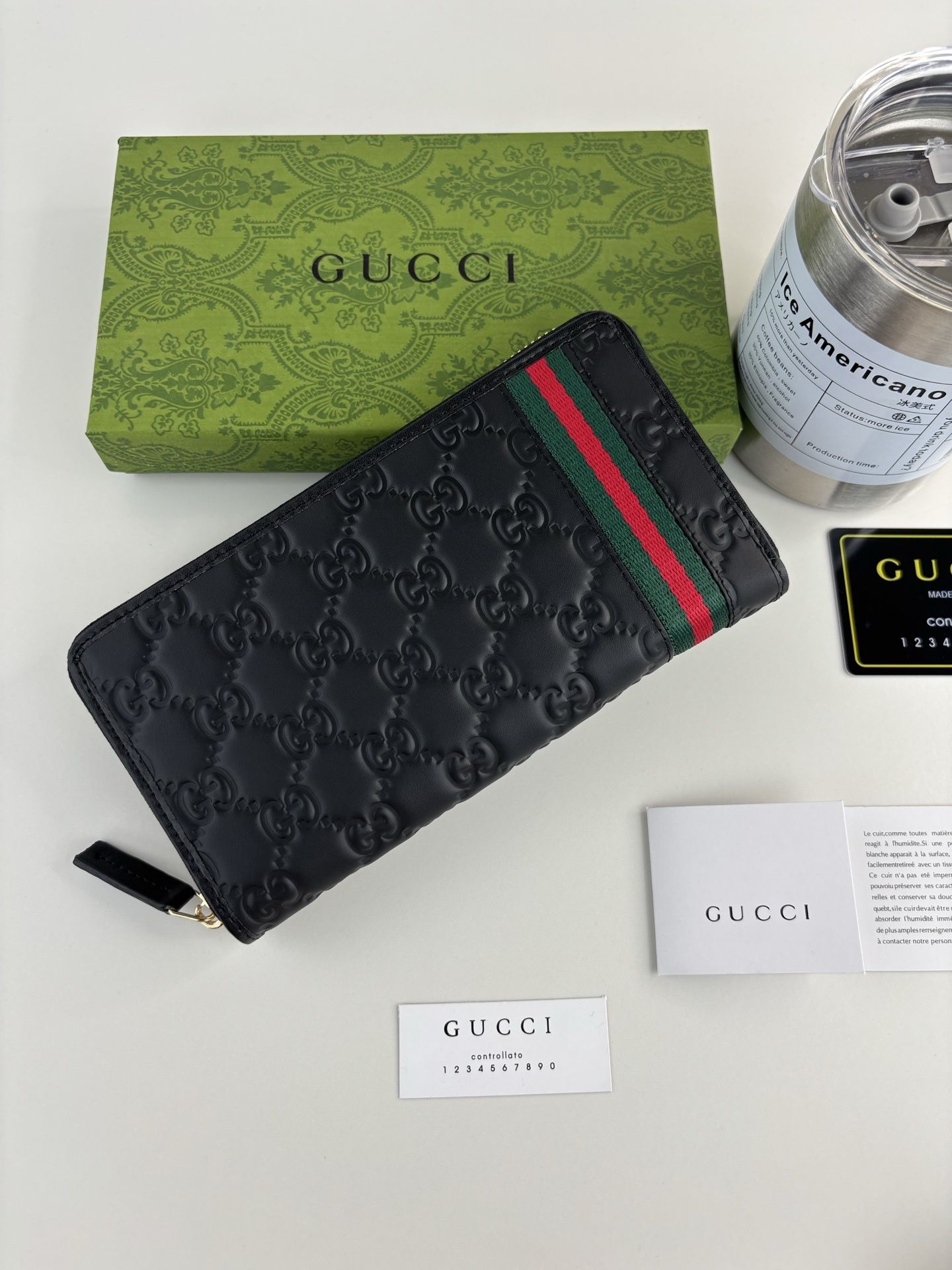 GG Signature Leather Zip Around Wallet Black with Web Stripe 28601 QA