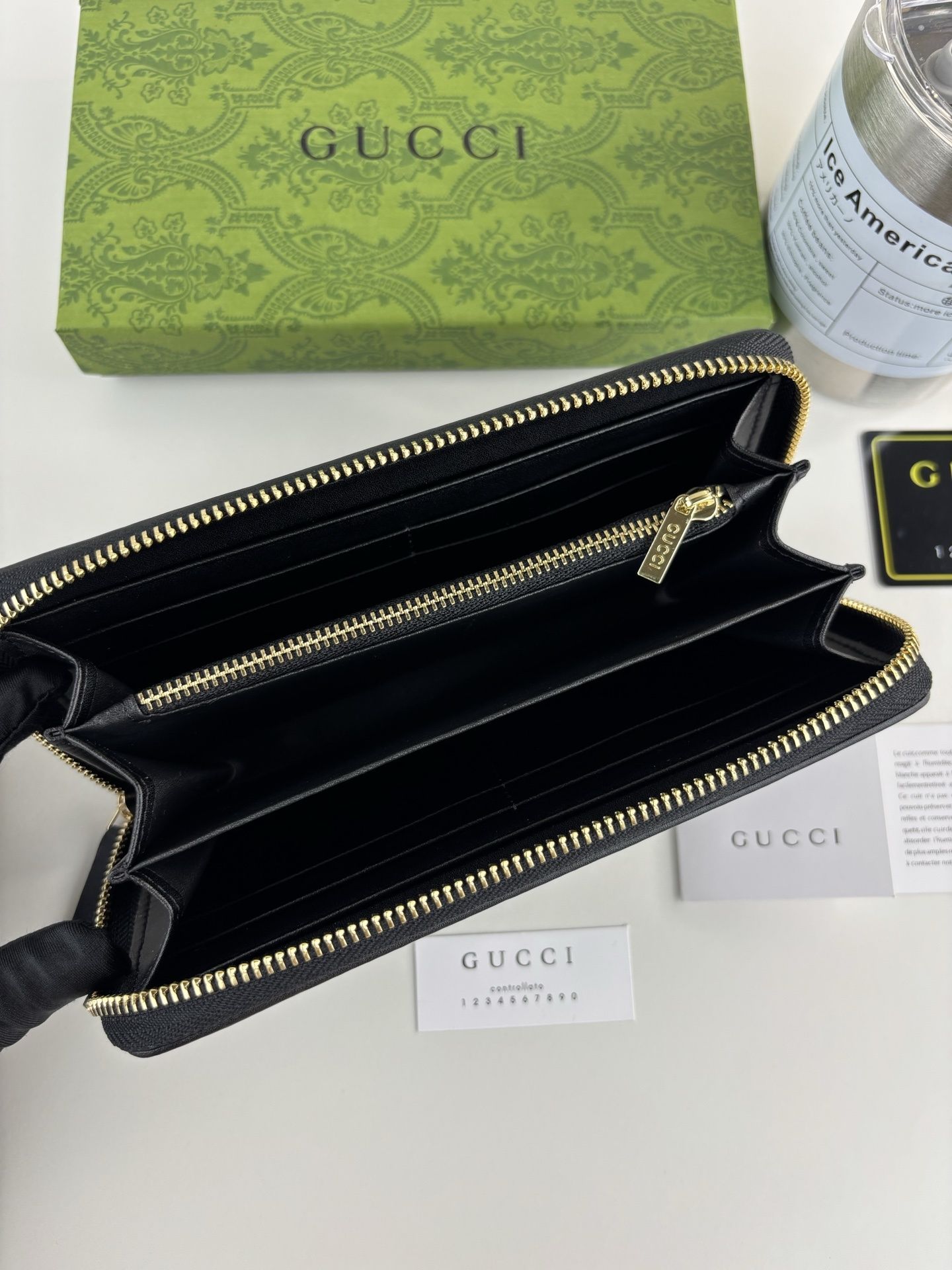GG Signature Leather Zip Around Wallet Black with Web Stripe 28601 QA