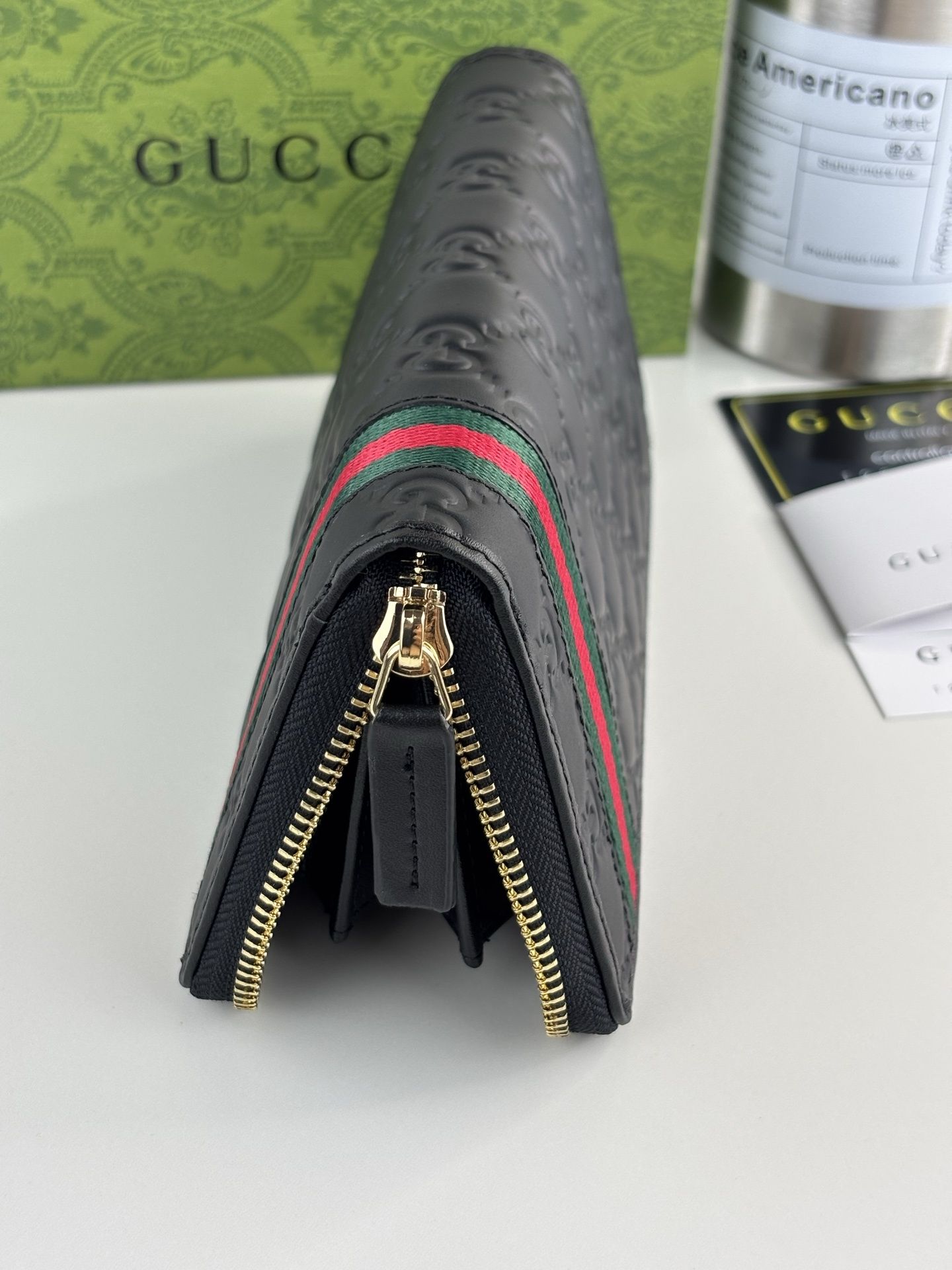 GG Signature Leather Zip Around Wallet Black with Web Stripe 28601 QA