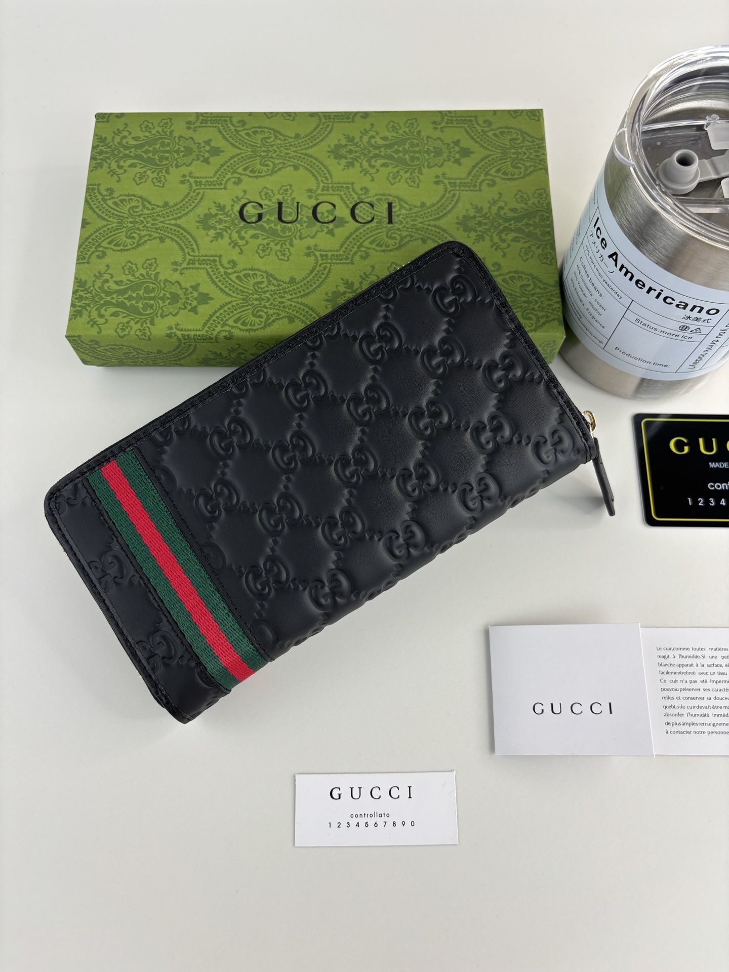 GG Signature Leather Zip Around Wallet Black with Web Stripe 28601 QA